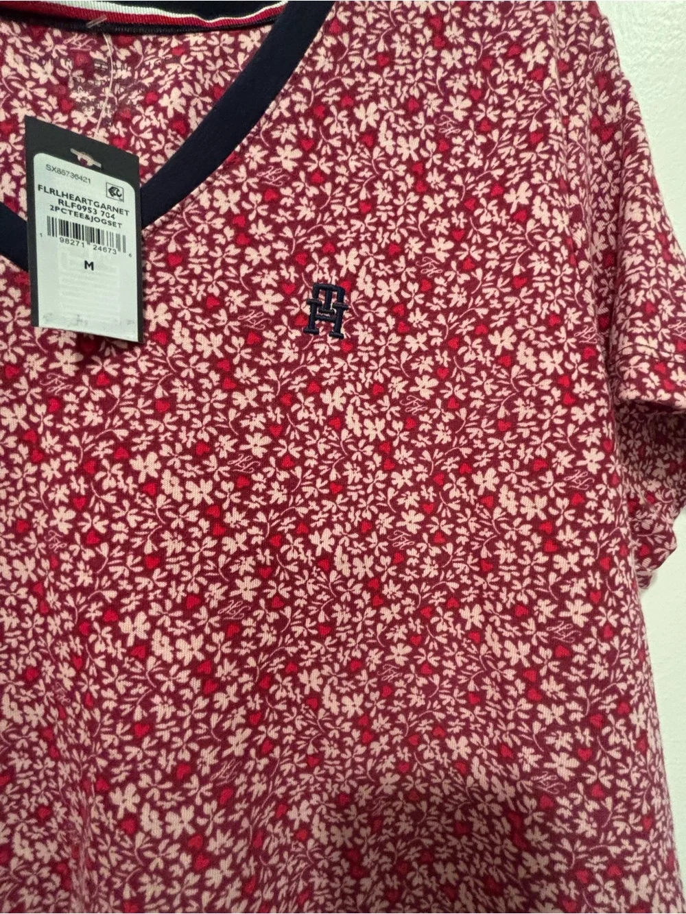 Tommy Hilfiger Red Floral Pajama Set with Navy Trim - Picture 4 of 9